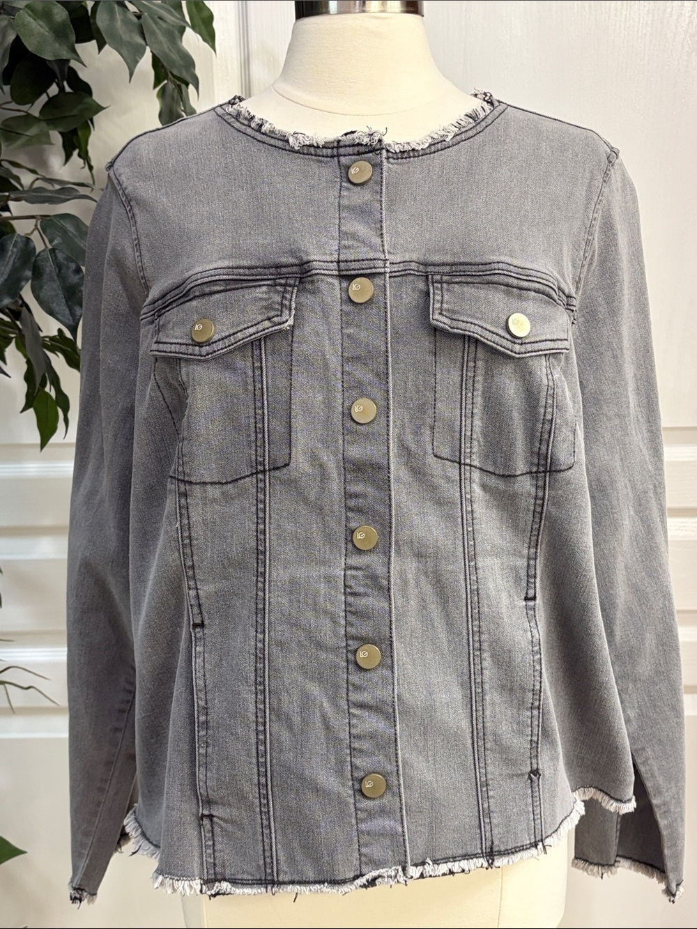 LOGO by Lori Goldstein Denim Jacket with Frayed Edges ~ Gray Wash